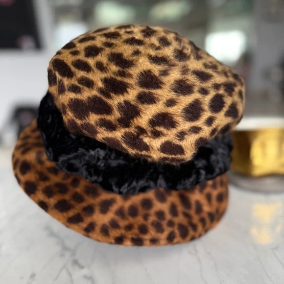 Vintage 1990s Kathy Luker Leopard “Faux Fur” Finish Hat w/ Plush Black Band - Picture 1 of 12